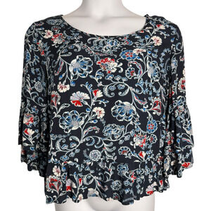 Solitare Women's Sz‎ Med Tiered Ruffle 3/4 Bell Sleeve Ruffle Hem Blue W/Flowers
